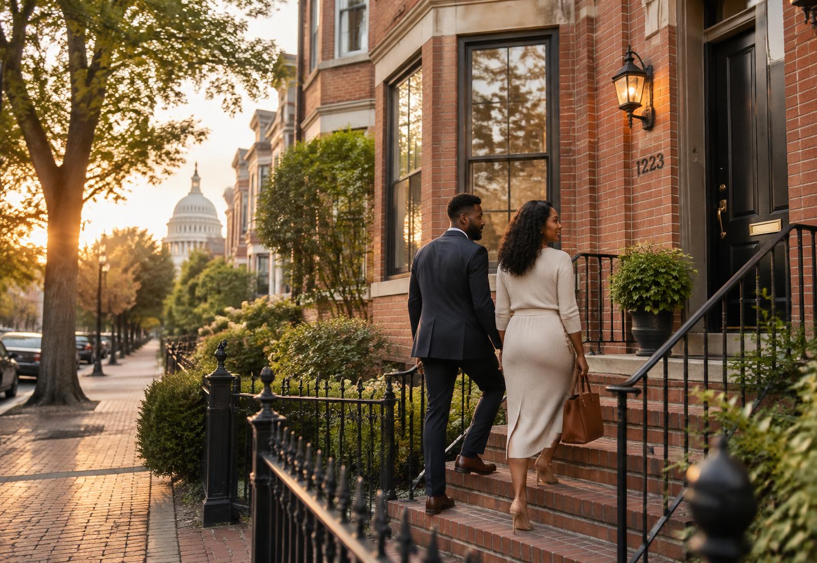 A couple walking up the steps of a Capitol Hill rowhouse at golden hour