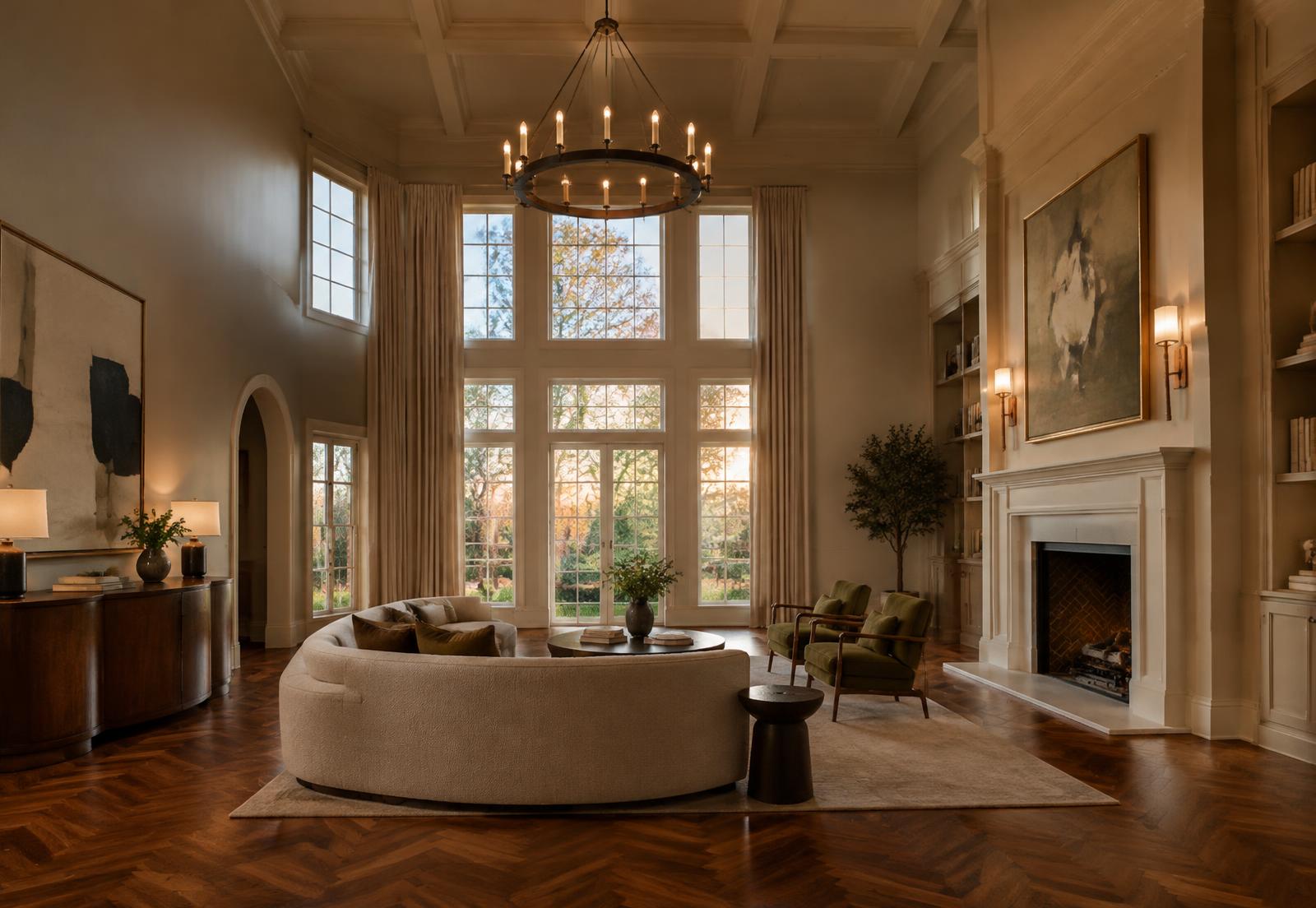 A double-height living room in a Maryland estate